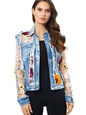 Embroidered Floral Denim Vest with Sheer Sleeves - Light Blue